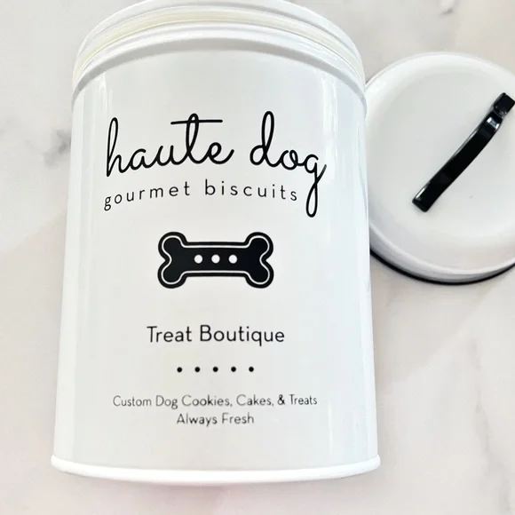 ENAMELED DOG TREAT METAL CANISTER BLACK WHITE HAUTE DOG BONE GRAPHICS IN… - Picture 10 of 12